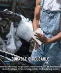 Person using a white 12x12 inch cotton terry cleaning cloth for auto detailing, durable and reusable.
