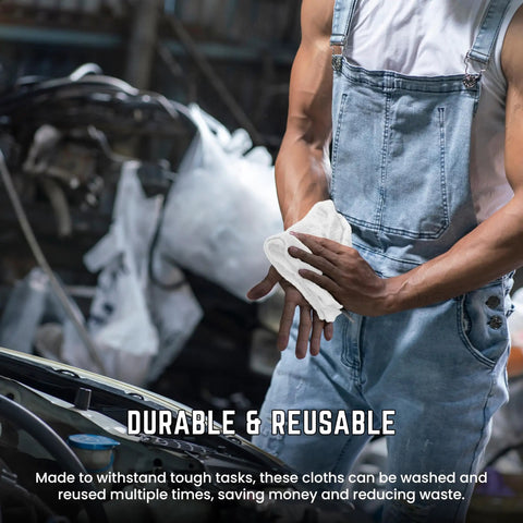Person using a white 12x12 inch cotton terry cleaning cloth for auto detailing, durable and reusable.