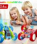 Children playing indoors with Remote Control Stunt Car With 360 Degree Flips, LED Light Strips, Type C Charge, Dual Sided High Speed RC Vehicle