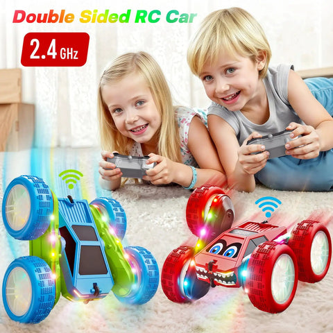 Children playing indoors with Remote Control Stunt Car With 360 Degree Flips, LED Light Strips, Type C Charge, Dual Sided High Speed RC Vehicle