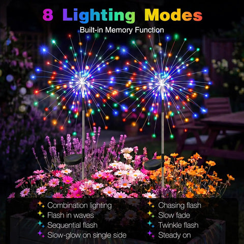 Solar Powered Outdoor Fairy Lights With 8 Modes And 120 Led Firework Effect Multicolor For Garden Yard Path Pool Patio Waterproof Decor Lit Christmas Glow over colorful flowers at night.