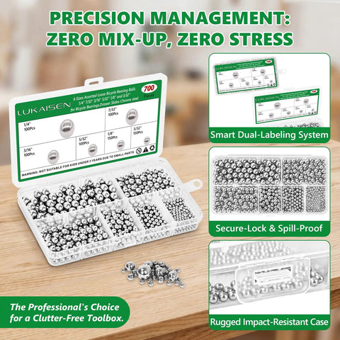 700 Piece Chrome Steel Bearing Balls Set G25 High Precision Imperial Sizes in labeled storage case on wooden surface