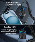 MFi Certified 75W USB C PD And QC Car Charger With 6Ft Coiled Cable For iPhone in car cup holder, soft blue LED light