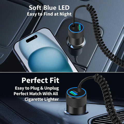 MFi Certified 75W USB C PD And QC Car Charger With 6Ft Coiled Cable For iPhone in car cup holder, soft blue LED light