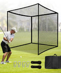 Golfer using Oversized 10x10x10 Feet Golf Hitting Cage Net With Hanging Design Straps And Carabiners No Poles Needed