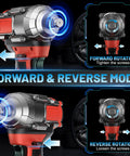 Mgym 500Nm Cordless Impact Wrench 1/2 Inch Electric Driver showing forward and reverse mode features for versatile use.