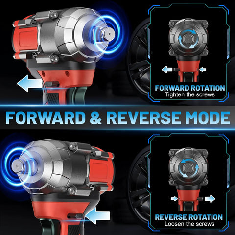 Mgym 500Nm Cordless Impact Wrench 1/2 Inch Electric Driver showing forward and reverse mode features for versatile use.