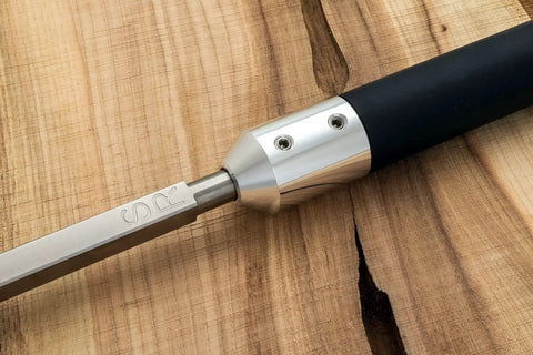 Close-up of Carbide Wood Lathe Tools Kit For Easy Turning Hollower Rougher And Detailer With A Comfortable Foam Grip Handle on wood