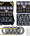 Hydraulic Pressure Test Kit for Excavators, Loaders and Heavy Machinery With Five Non Yellowing Gauges, Twelve Test Couplings, Fourteen Tee Connectors, Carter Quick Connector, Five Hoses and Portable Storage Case in open case