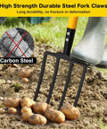 Close-up of 4 Tine Heavy Duty Garden Fork With Ergonomic No Slip D Grip Handles 45 Inch Long Spading Fork in use on soil.