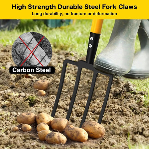 Close-up of 4 Tine Heavy Duty Garden Fork With Ergonomic No Slip D Grip Handles 45 Inch Long Spading Fork in use on soil.