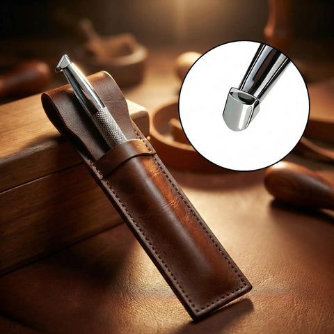 Leather Beveling Tools And Stamp Set With Alloy Steel Precision Heads in protective pouch, close-up on smooth head