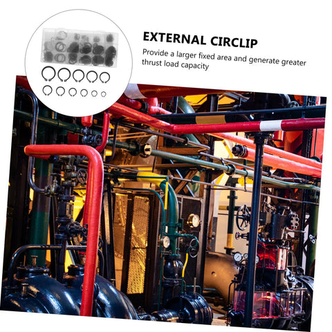 External Circlip Assortment Kit In Carbon Steel With 18 Sizes, C Clip Retaining Rings, organized in storage box, industrial use