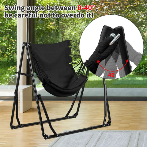 2 In 1 Hammock With Stand For Outdoors Portable Heavy Duty Steel Frame Supports Up To 480 Lbs Easy Setup In Minutes Black Multi Functional Swing Chair in living room with swing angle detail