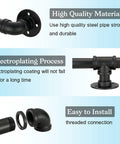 Features of Heavy Duty 7 Ft Metal Industrial Pipe Stair Handrail in Glossy Black Finish with mounting options and durability.