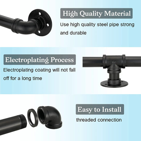 Features of Heavy Duty 7 Ft Metal Industrial Pipe Stair Handrail in Glossy Black Finish with mounting options and durability.