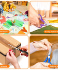 Collage showing 6 Pack 8 Inch All Purpose Heavy Duty Scissors Bulk Set for cutting paper, fabric, and cardboard in various settings.