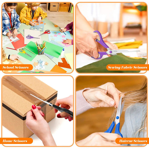 Collage showing 6 Pack 8 Inch All Purpose Heavy Duty Scissors Bulk Set for cutting paper, fabric, and cardboard in various settings.