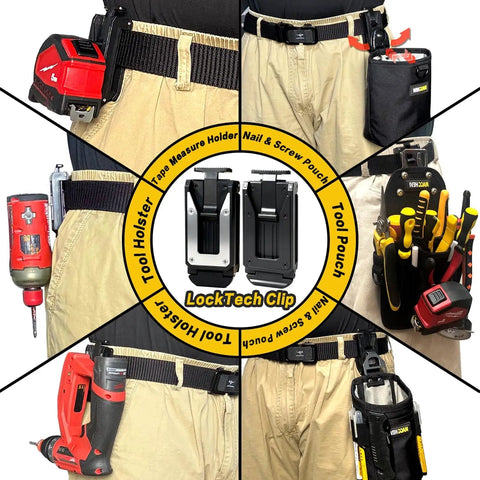 Various views of a Durable Nail And Screw Pouch With Belt Clip For Electricians Carpenters Mechanics And Handymen Pro Grade Tools Organizer Bag With Snap Spring Closure, displayed on a work belt with tools, black color.