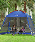 10 By 10 Feet Screen House For Patios And Backyard Hangouts, 86 Inch Center Height, UV Resistant 190T Polyester, Mesh Wall Canopy Tent with people inside.