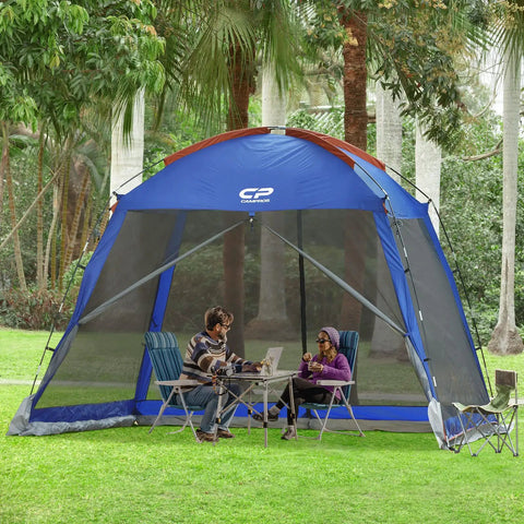 10 By 10 Feet Screen House For Patios And Backyard Hangouts, 86 Inch Center Height, UV Resistant 190T Polyester, Mesh Wall Canopy Tent with people inside.