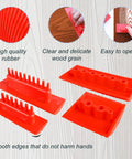 Image of Five Piece Soft Rubber Wood Graining Tools Set For DIY Painting with red rubber knurling pattern brushes on wood grain background.