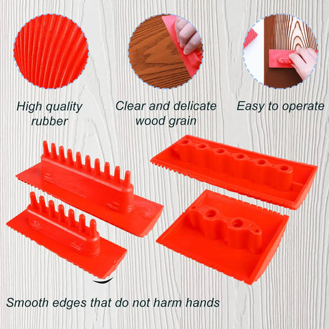 Image of Five Piece Soft Rubber Wood Graining Tools Set For DIY Painting with red rubber knurling pattern brushes on wood grain background.