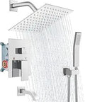 Rainfall Shower System With Tub Filler And Handheld Shower, 8 Inch Chrome Shower Head, Wall Mount Mixer Faucet