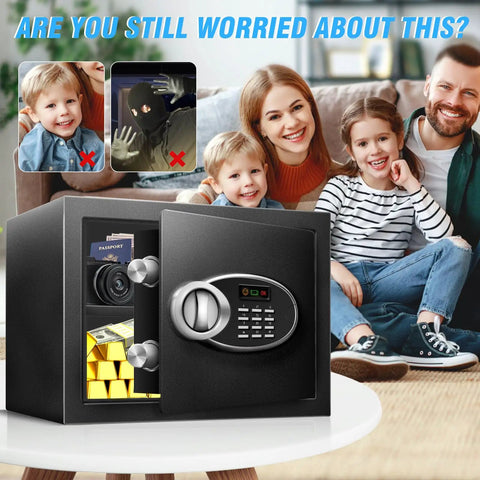 1.8 Cu Ft Fireproof Waterproof Safe Box For Documents And Valuables with digital keypad, open safe showing contents.