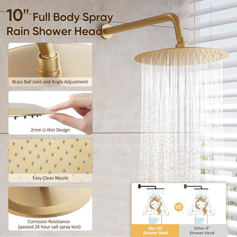 Heavy Duty Brushed Gold Shower System With 10 Inch Rain Shower Head And Tub Spout Solid Brass Faucet Set Built Different Zero Plastic All Metal Bath Setup Badass Quality