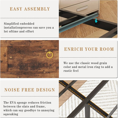 Queen Farmhouse Bed Frame In Rustic Brown Features Four Deep Drawer Storage and Easy Assembly with Metal Slats and Noise-Free Design.