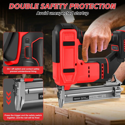 Pro Grade Cordless Brad Nailer Driven By A Badass Brushless Motor And Built Hella Tough Delivers Dead Straight Shots, featuring double safety protection.