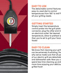 EMG 980BX Indoor Electric Round Nonstick Grill control probe with temperature settings, easy to use for quick grilling at home