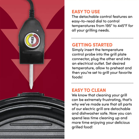 EMG 980BX Indoor Electric Round Nonstick Grill control probe with temperature settings, easy to use for quick grilling at home