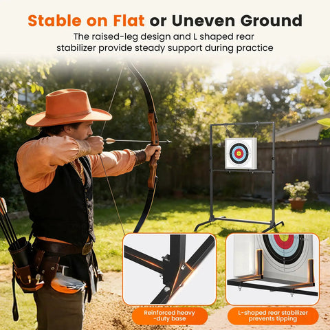 Adjustable Archery Target Stand For 30 Inch Bags And Foam Targets with L-shaped rear stabilizer in backyard shooting scene