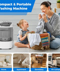 Compact Portable Washing Machine With Separate Spin Tub And Quick Drain Hose, 5.5 Lb Mini Laundry Washer For Apartments Dorms And RV Homes, Grey with a woman and child doing laundry.
