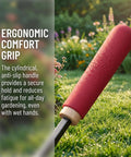 Ergonomic comfort grip handle on Rugged Weeding Sickle Tool With Sharp Blade, Hand Hoe And Weed Puller in garden setting.