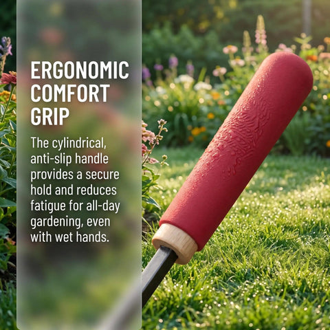 Ergonomic comfort grip handle on Rugged Weeding Sickle Tool With Sharp Blade, Hand Hoe And Weed Puller in garden setting.