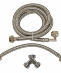 Steam Dryer Hookup Kit With 3/4 Inch FHT Fill Hose 90 Degree Elbow And 6 Ft Braided Stainless Steel Hoses For Leak Free High Pressure Dryer Connection Model 41025 components, including hoses and elbow.