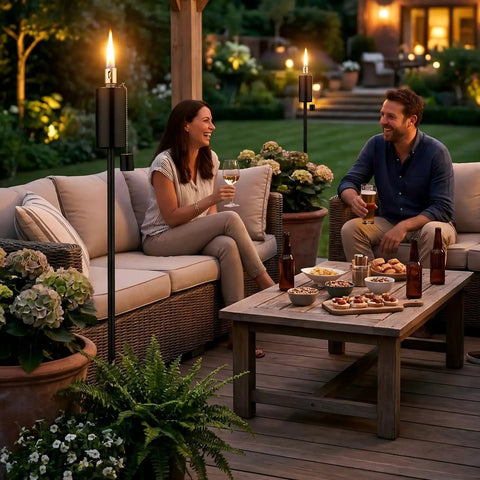 55 Inch Outdoor Oil Torch Lamps Four Pack Rustproof Stainless Steel Citronella Torches for chill patio garden backyard view
