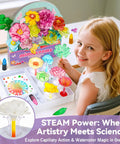 Paper Flowers Science Kit For Kids Ages 6 To 11 With Petals, Stems, Dye Tablets, Droppers, And Easy Instructions For Color Mixing And Capillary Action Learn Hands On STEM Fun girl holding finished flower