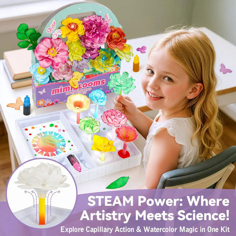 Paper Flowers Science Kit For Kids Ages 6 To 11 With Petals, Stems, Dye Tablets, Droppers, And Easy Instructions For Color Mixing And Capillary Action Learn Hands On STEM Fun girl holding finished flower