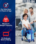 Child riding Spider-Man kids ride-on luggage, blue design
