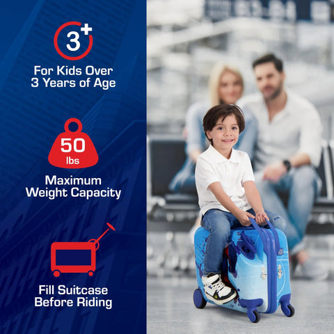 Child riding Spider-Man kids ride-on luggage, blue design