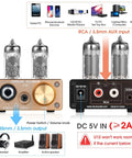 Back and front view of Dope U10 Mini Tube Headphone Amplifier with 6.35mm and 3.5mm jacks and RCA input ports