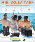 Beach scene with 1.9L Mini Scuba Tank for underwater breathing, portable dive oxygen cylinder kit, adjustable vest harness on a boat.