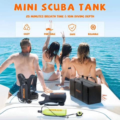 Beach scene with 1.9L Mini Scuba Tank for underwater breathing, portable dive oxygen cylinder kit, adjustable vest harness on a boat.