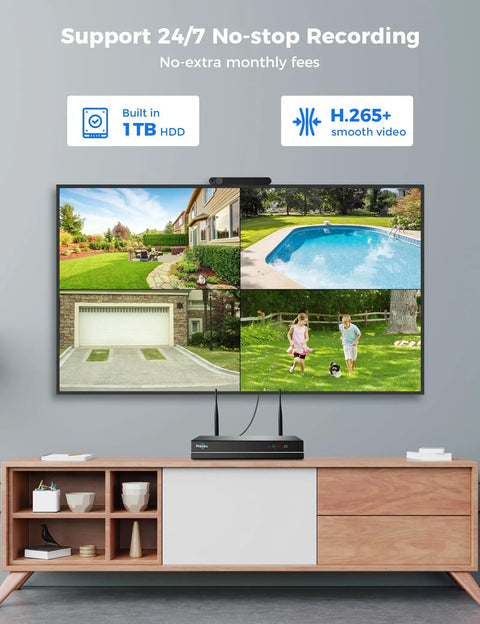 Display showing footage from Outdoor Wireless Security Camera System With Dual Lens, 360 Degree Pan And Tilt, 1TB HDD, No Subscription