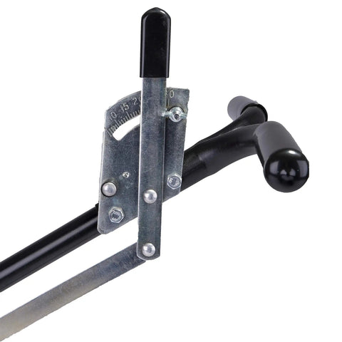Detail of handle and lever mechanism on 2600A-PLUS Fertilizer Spreader With 40Lb Hopper, durable metal components visible
