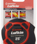 Packaging of Self Centering Tape Measure 1 Inch By 25 Foot With Clear Blade Coating Ergonomic Design Pro Grade Durability Reinforced End Hook And Quad Rivet Durable Tape For Easy Centering Precise Readouts And Long Lasting Use.